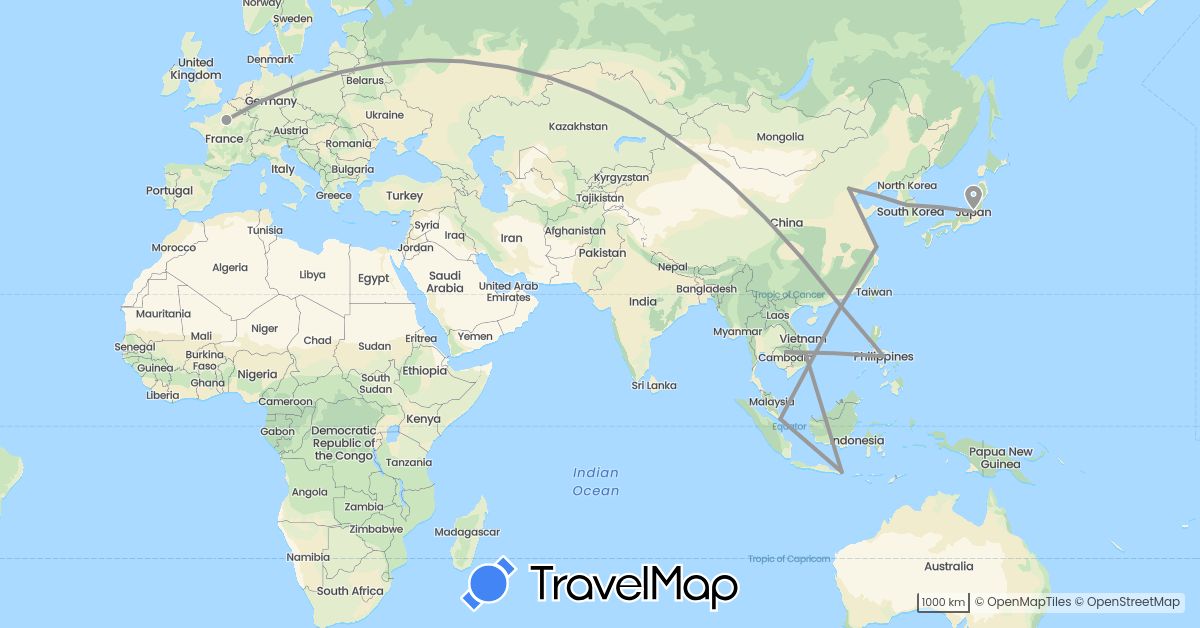 TravelMap itinerary: driving, plane in China, France, Indonesia, Japan, Cambodia, South Korea, Philippines, Singapore, Vietnam (Asia, Europe)